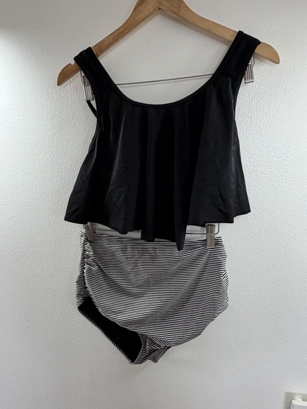 2Piece Tankini Swimsuit Black Ruffle Top Striped High Waist Size S - Picture 2 of 12